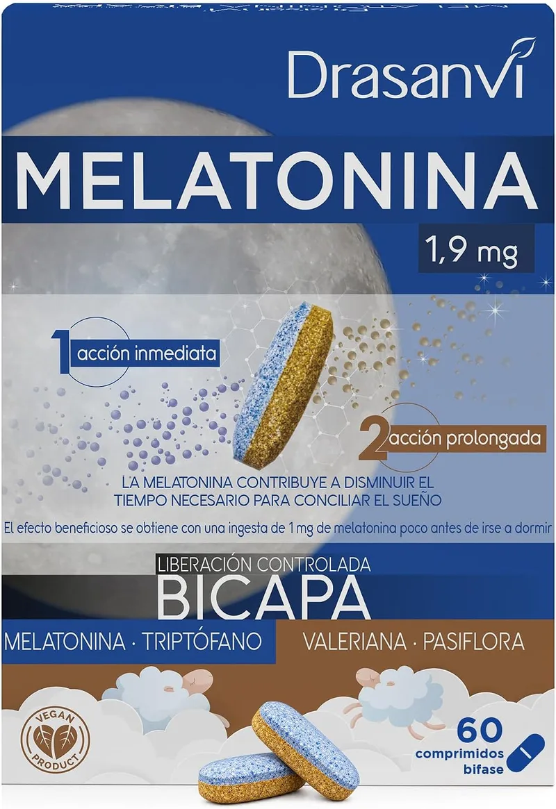 Drasanvi ▫️ Melatonina de Dupla Camada, 1,9 mg, com Triptofano, Passiflora e Valeriana | Dupla Ação | Ajuda a adormecer rapidamente e a alcançar um relaxamento natural | Embalagem de 60 comprimidos = 60 dias