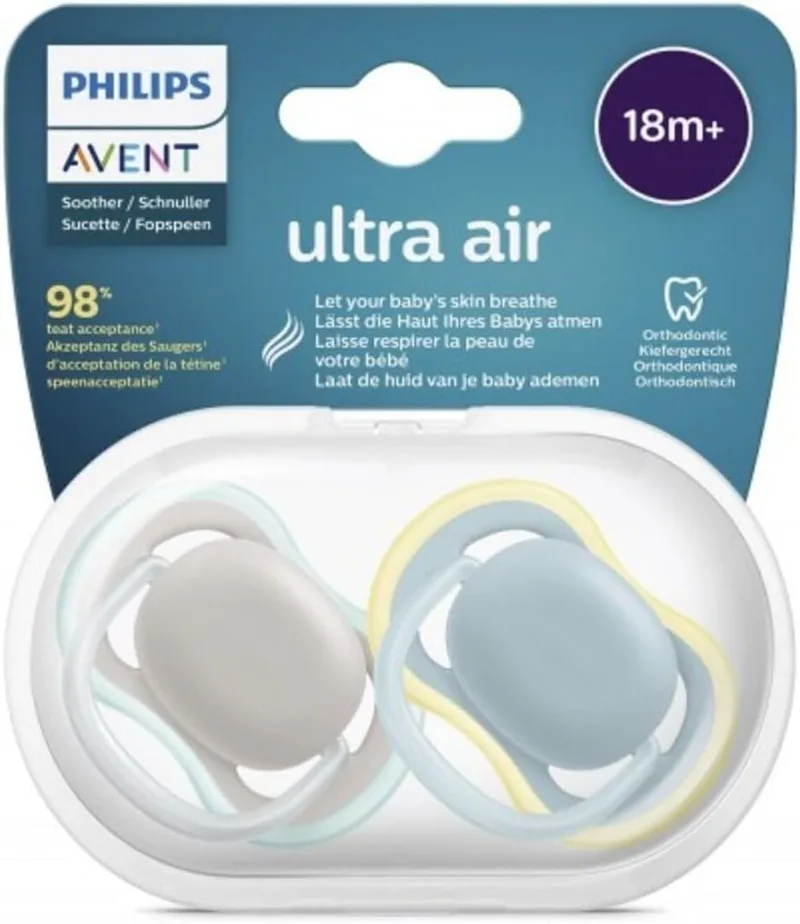 AVENT ▫️ Philips SCF349/01, 2 chupetas Ultra Air ortodônticas e sem BPA, a partir dos 18 meses, tetina extra firme