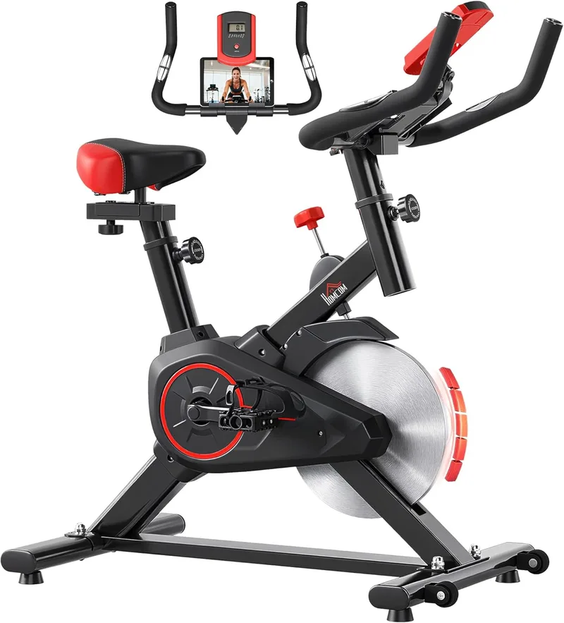HOMCOM ▫️ Bicicleta de exercício de interior com ecrã LCD Monitor de ritmo cardíaco Assento e guiador ajustáveis em altura Volante de 6 kg e resistência ajustável 85x46x114 cm Preto e vermelho
