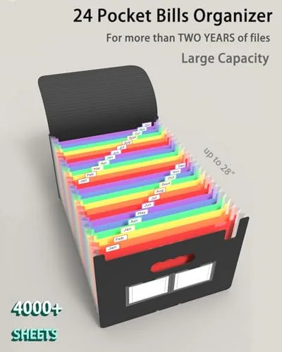 Maimis ▫️ Pasta de arquivos expansível, organizador de arquivos em formato acordeão com 24 compartimentos, tamanho A4, organizador de documentos portátil com separadores coloridos, pasta de secretária expansível em formato acordeão 2