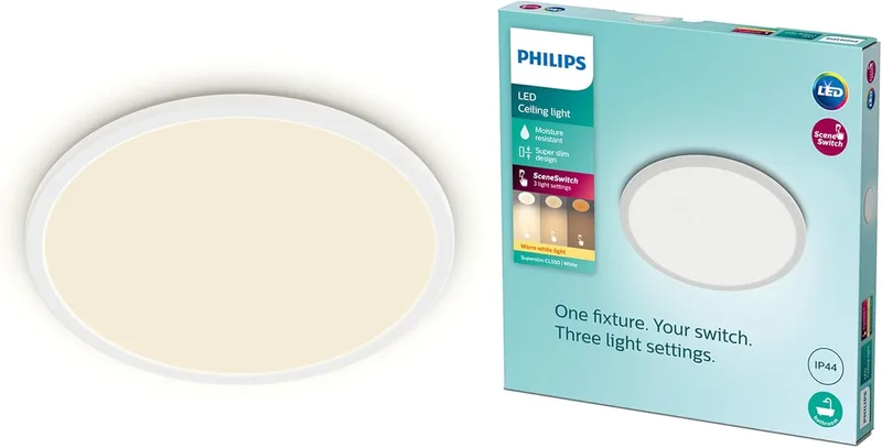 Philips ▫️ Candeeiro de teto Superslim, candeeiro de teto LED funcional, branco, luz branca quente regulável, 27K - 18W