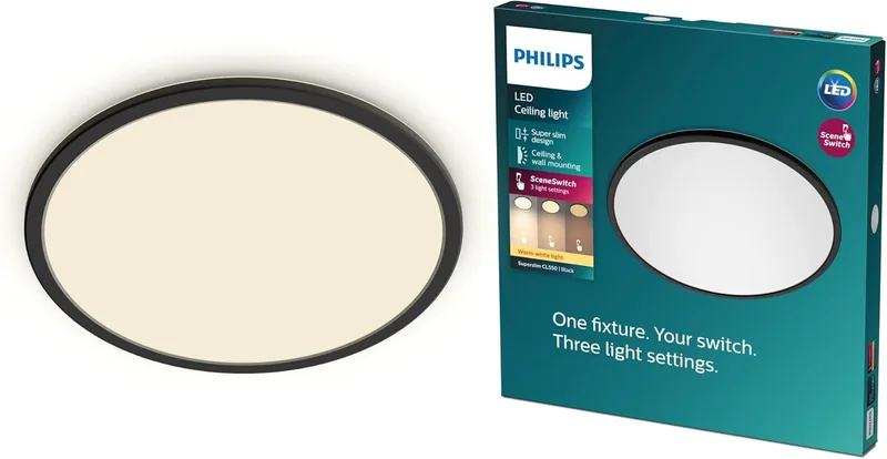 PHILIPS ▫️ SuperSlim Luminária de teto LED com SceneSwitch (18 W), 3 níveis de luminosidade, luz branca quente, EyeComfort, preta, 30 cm
