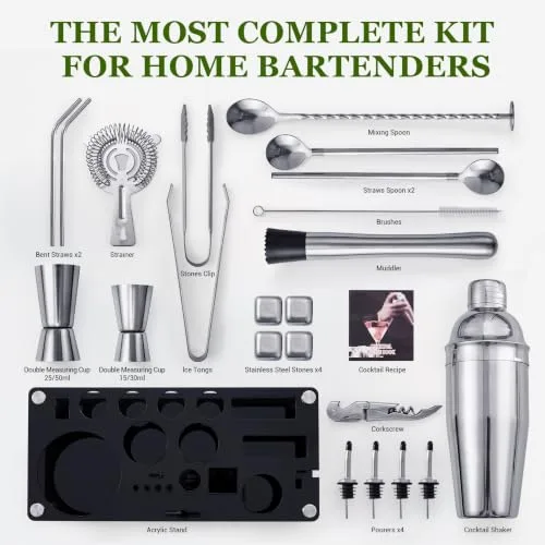 KINGROW ▫️ Conjunto de coqueteleiras kit de barman em aço inoxidável com 23 peças, incluindo suporte acrílico e folheto de receitas de cocktails, utensílios profissionais de bar para preparar bebidas, para uso doméstico e em bares 4