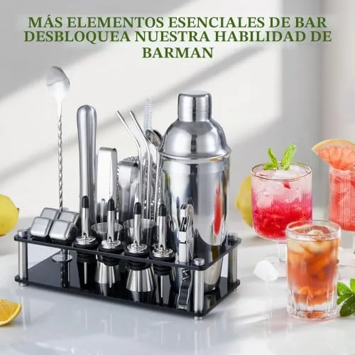 KINGROW ▫️ Conjunto de coqueteleiras kit de barman em aço inoxidável com 23 peças, incluindo suporte acrílico e folheto de receitas de cocktails, utensílios profissionais de bar para preparar bebidas, para uso doméstico e em bares 5