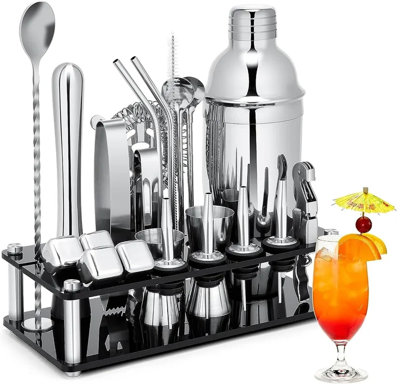 KINGROW ▫️ Conjunto de coqueteleiras kit de barman em aço inoxidável com 23 peças, incluindo suporte acrílico e folheto de receitas de cocktails, utensílios profissionais de bar para preparar bebidas, para uso doméstico e em bares