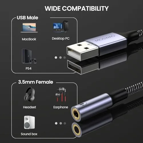 MOSWAG ▫️ Adaptador de áudio com placa de som externa USB-A para conector auxiliar estéreo de 3,5 mm. Compatível com auscultadores, PC, computador portátil, Linux, computador de secretária e PS4 4