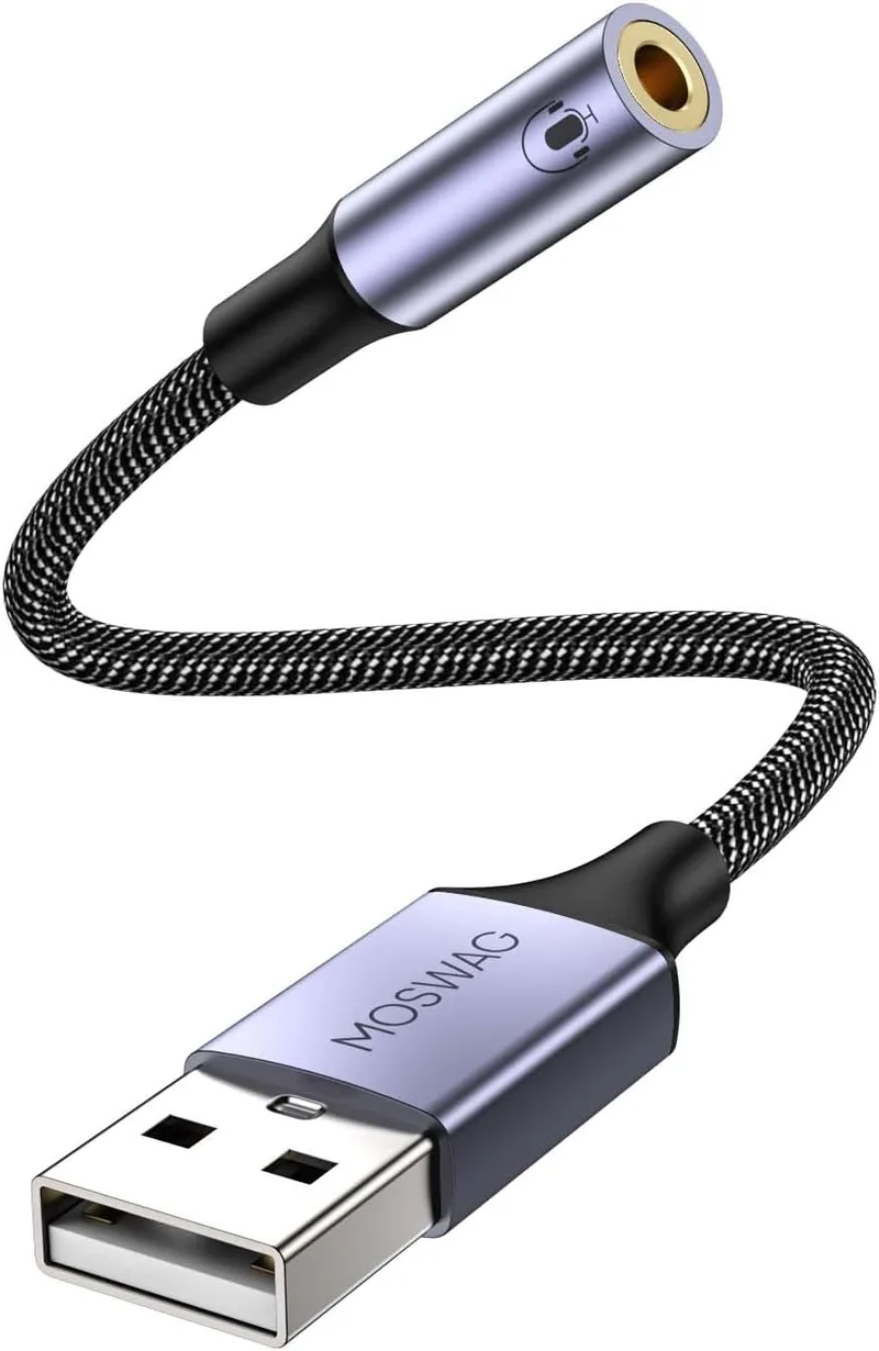 MOSWAG ▫️ Adaptador de áudio com placa de som externa USB-A para conector auxiliar estéreo de 3,5 mm. Compatível com auscultadores, PC, computador portátil, Linux, computador de secretária e PS4