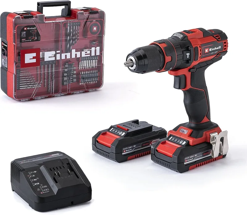 Einhell ▫️ Berbequim de percussão/aparafusadora sem fios TE-CD 18/40 Li-i +64 Power X-Change (iões de lítio, 18 V, 40 Nm, velocidade eléctrica, máx. 24000 rpm, incl. 2 baterias de 2,0 Ah, carregador e acessórios)