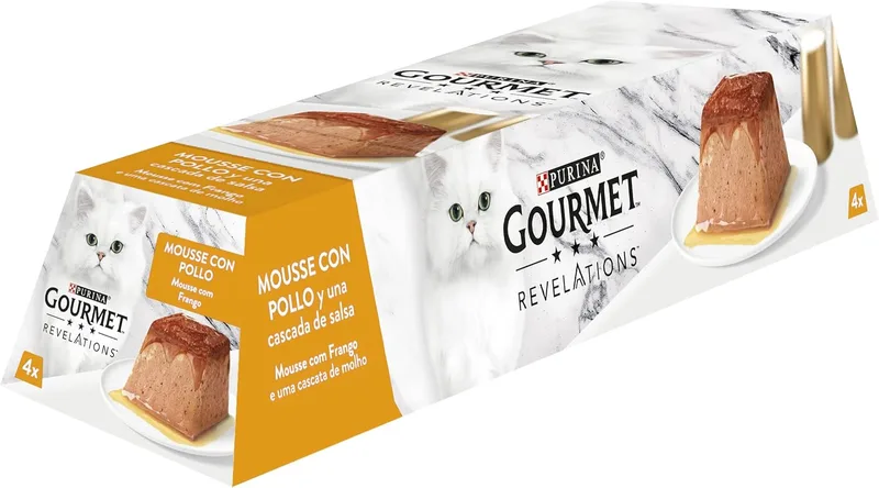 Gourmet ▫️ Revelations, Ração húmida para gatos adultos, Mousse com molho de frango, 6 embalagens de 4 pirâmides de 57 g. (24 pirâmides)