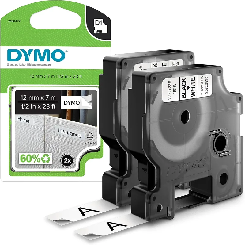 DYMO ▫️ Etiquetas originais D1 | impressão a preto sobre fundo branco | 12 mm × 7 m | etiquetas autoadesivas para impressoras de etiquetas LabelManager | 2 unidades
