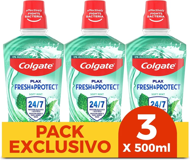 Colgate ▫️ Enxaguante bucal Plax Multiproteção, embalagem de 3 x 500 ml - Enxaguante bucal com flúor - Elimina a placa bacteriana e proporciona proteção durante 24 horas - Hálito fresco
