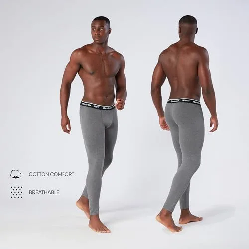 Reebok ▫️ Calções compridos Charcoal para homem, camada base elástica de algodão, roupa interior térmica com cintura da marca 3