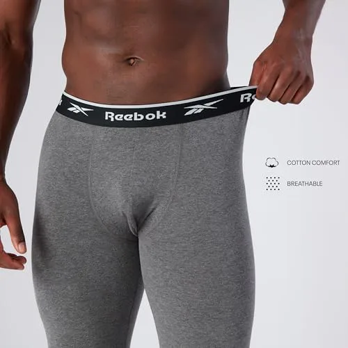 Reebok ▫️ Calções compridos Charcoal para homem, camada base elástica de algodão, roupa interior térmica com cintura da marca 4