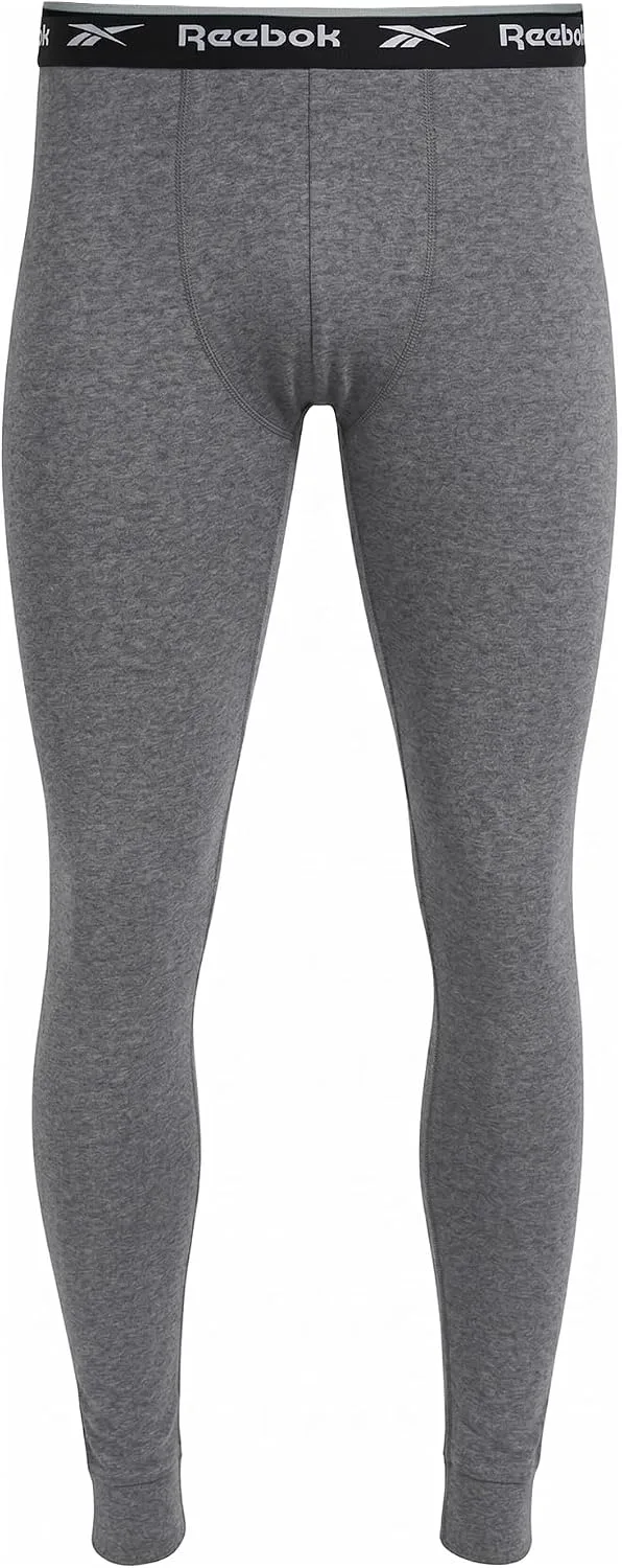 Reebok ▫️ Calções compridos Charcoal para homem, camada base elástica de algodão, roupa interior térmica com cintura da marca