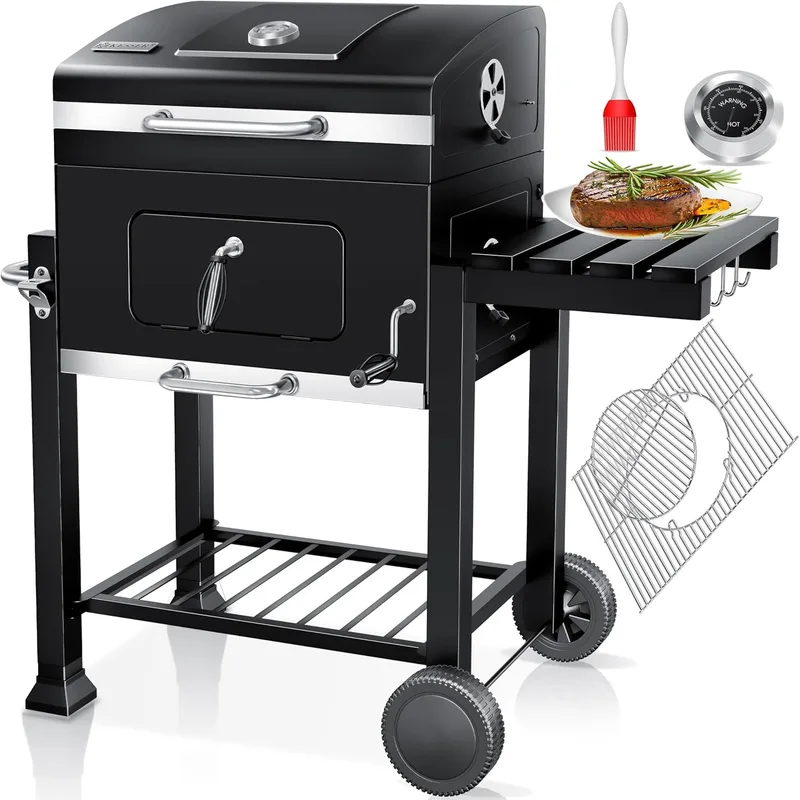KESSER ▫️ ® Churrasqueira a Carvão com Carrinho, Tampa, Rodas e Pega em Aço Inoxidável | Churrasqueira Grande a Carvão com Termómetro para Churrasco, Acampamento, Terraço e Jardim – XL Preto