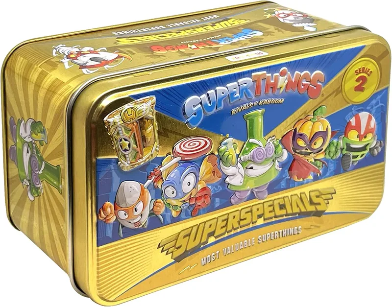 SUPERTHINGS RIVALS OF KABOOM ▫️ SUPERTHINGS Lata Gold contém todas as figuras especiais da Série 2, incluindo a figura ultrarara (Professor K), 2 líderes dourados, 6 capitães prateados e 2 covis dourados