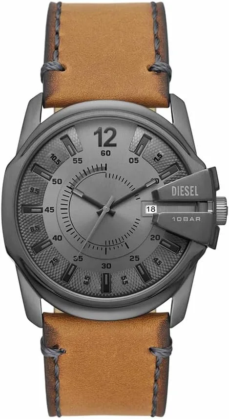 Diesel ▫️ Relógio da série Master Chief para homem, movimento com três ponteiros e data, com bracelete em aço inoxidável ou pele