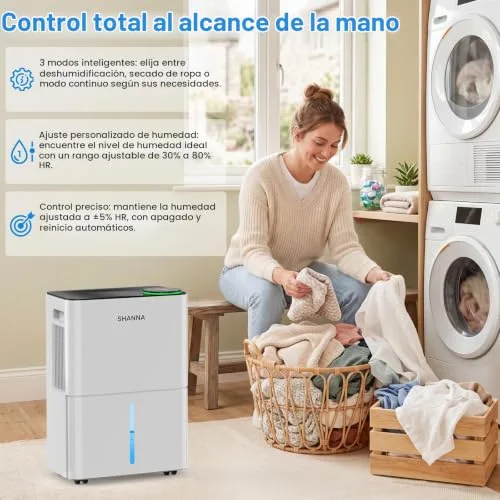 SHANNA ▫️ Desumidificador de 15 L para uso doméstico, até 40 m², com desligamento automático. Ideal para casas de banho, quartos e caves. Refrigerante R290. Substituição gratuita no prazo de 1 ano e garantia de 10 anos. 3