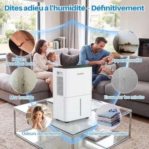 SHANNA ▫️ Desumidificador de 15 L para uso doméstico, até 40 m², com desligamento automático. Ideal para casas de banho, quartos e caves. Refrigerante R290. Substituição gratuita no prazo de 1 ano e garantia de 10 anos. 6