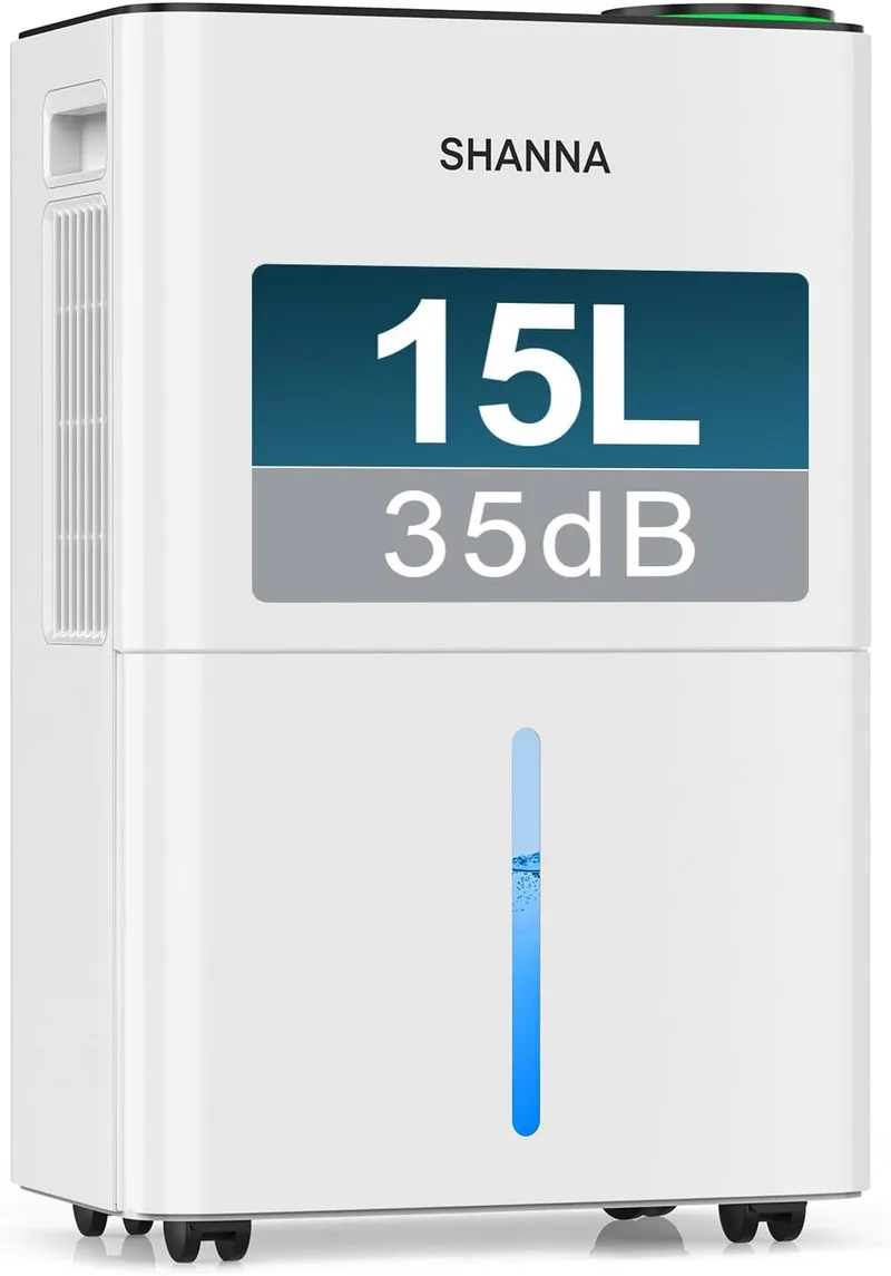 SHANNA ▫️ Desumidificador de 15 L para uso doméstico, até 40 m², com desligamento automático. Ideal para casas de banho, quartos e caves. Refrigerante R290. Substituição gratuita no prazo de 1 ano e garantia de 10 anos.