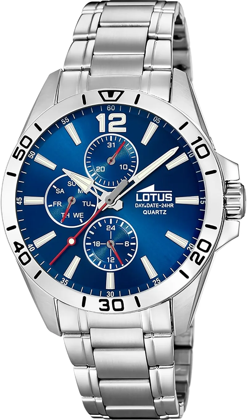 LOTUS ▫️ Relógio para homem, analógico, em aço inoxidável 316L prateado - Mecanismo de quartzo - Vidro mineral de alta resistência - Resistente à água até 5 ATM - Multifunções 18812 Trendy