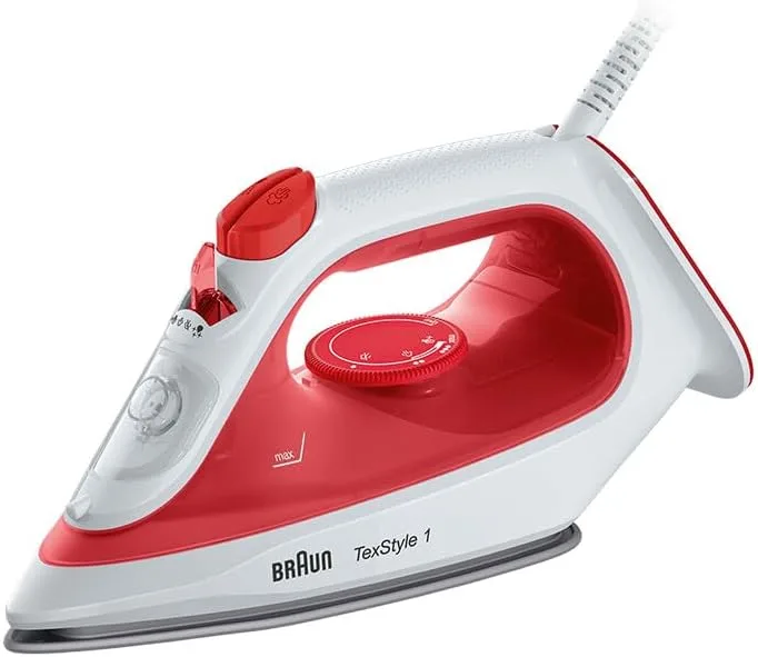 Braun ▫️ TexStyle 1 SI 1019 - Ferro a vapor com revestimento antiaderente, termoendurecível, modo turbo de 25 g/min, capacidade do depósito de água 220 ml, 1900 W, vermelho