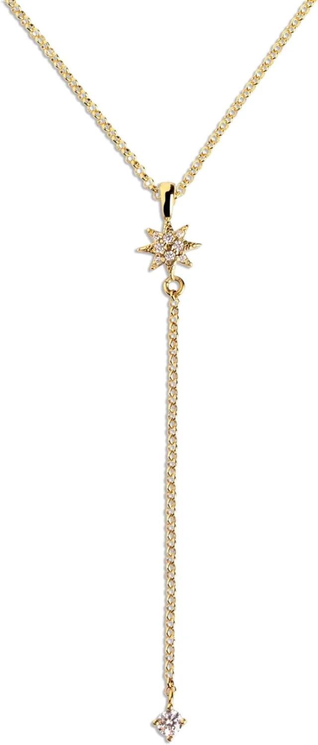 SINGULARU ▫️ Colar Estrela Polar Y. Prata de primeira lei 925 e pingente de zircónias com acabamento em ouro 18 Kt. Corrente tamanho único. Bijutaria para Mulher
