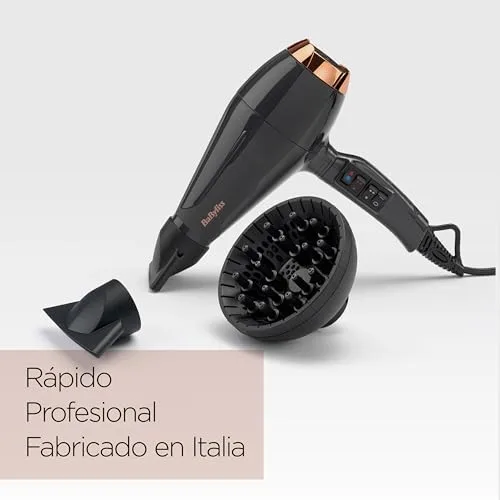 BaByliss ▫️ Secador de cabelo Italian Air Pro com difusor - Motor CA profissional, alta potência de 2200 W, tecnologia iónica anti-frizz, 2 temperaturas e 2 velocidades, fabricado em Itália, preto, 6719DE 2