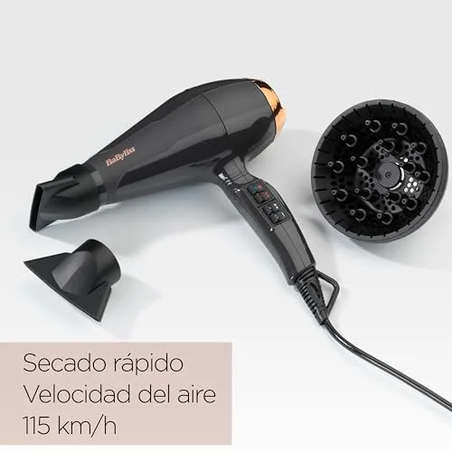 BaByliss ▫️ Secador de cabelo Italian Air Pro com difusor - Motor CA profissional, alta potência de 2200 W, tecnologia iónica anti-frizz, 2 temperaturas e 2 velocidades, fabricado em Itália, preto, 6719DE 3