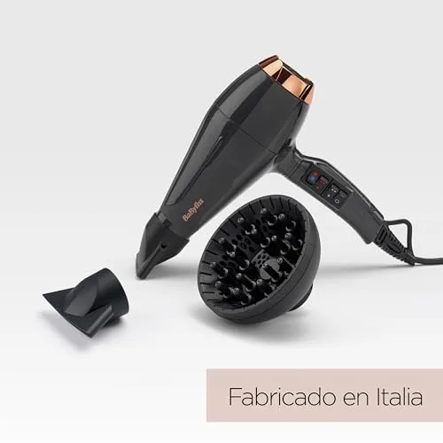 BaByliss ▫️ Secador de cabelo Italian Air Pro com difusor - Motor CA profissional, alta potência de 2200 W, tecnologia iónica anti-frizz, 2 temperaturas e 2 velocidades, fabricado em Itália, preto, 6719DE 6
