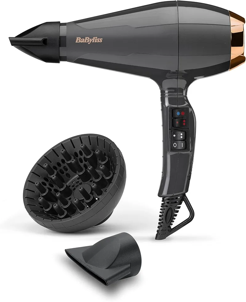 BaByliss ▫️ Secador de cabelo Italian Air Pro com difusor - Motor CA profissional, alta potência de 2200 W, tecnologia iônica anti-frizz, 2 temperaturas e 2 velocidades, fabricado em Itália, preto, 6719DE