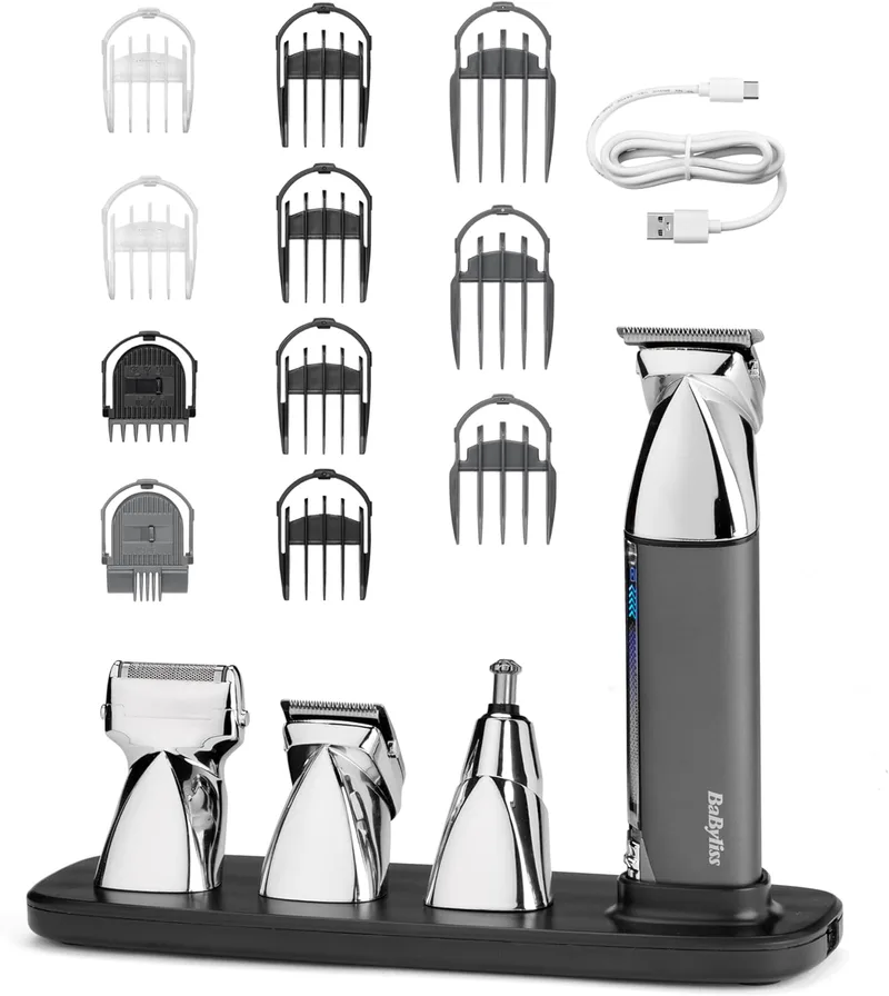 BaByliss ▫️ Aparador multifunções Super-X Metal 15 em 1 - Kit de aparar pêlos para homem sem fios, máquina de barbear, barbeiro, pormenores sobre o nariz e as orelhas, à prova de água, presente para homem, prateado/cinzento, MT996E