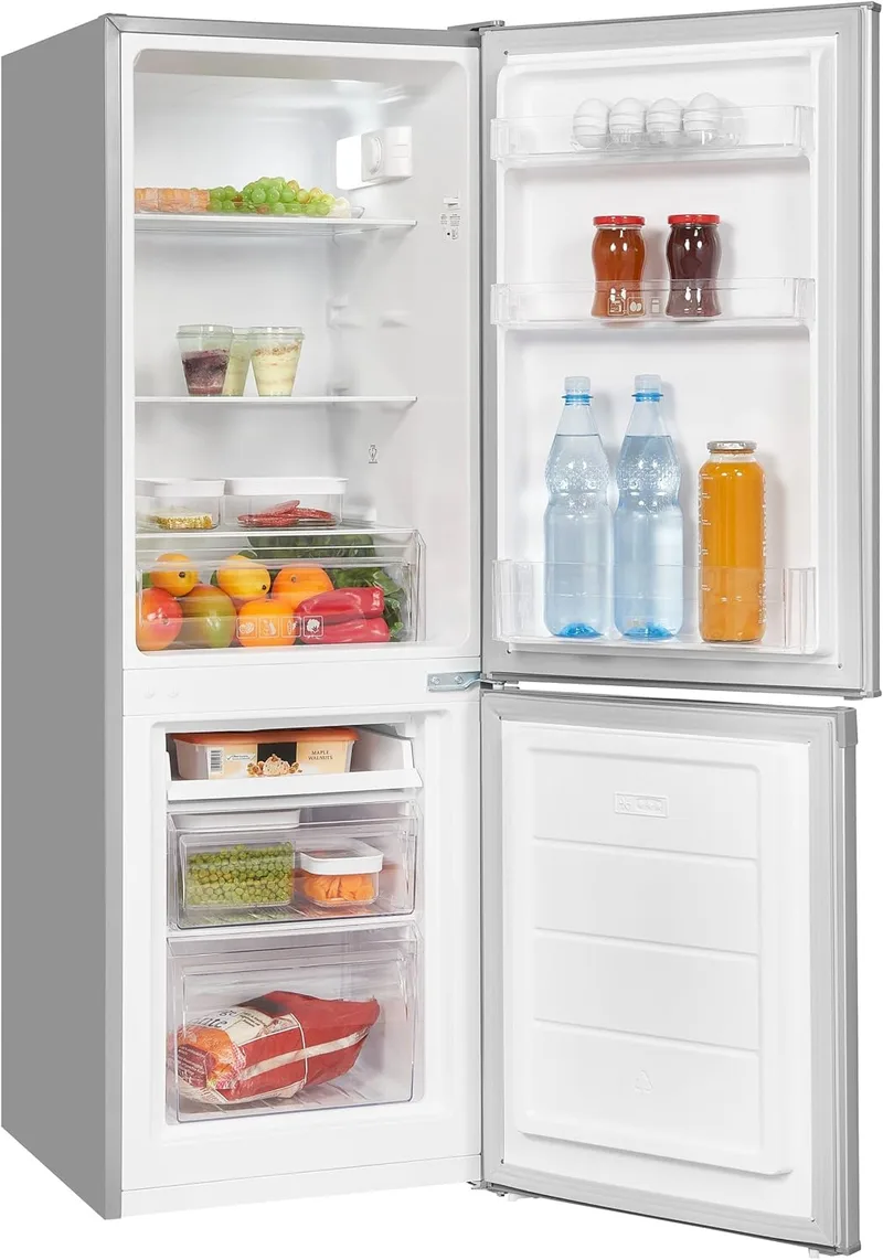 Exquisit ▫️ ® Combi Frigorífico, 173L, Classe E, Prateado, Gaveta para legumes, Prateleiras de vidro, Altura ajustável, Pegas integradas, Luz LED, Consumo 194 kWh/ano, Medidas 142,5x50x56 Cm.