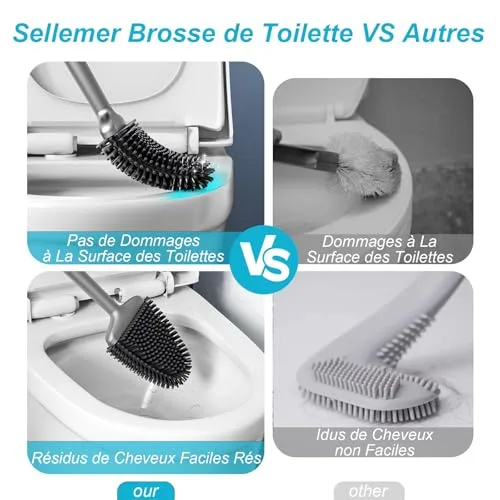 Sellemer ▫️ Escova de Sanita, Escova de Banheira em Silicone para Parede/Chão com Suporte Ventilado de Secagem Rápida, Escova de Sanita em Silicone para Limpeza Profunda do Sanita da Casa de Banho (Prateada) 2
