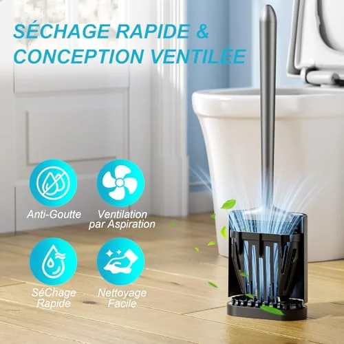 Sellemer ▫️ Escova de Sanita, Escova de Banheira em Silicone para Parede/Chão com Suporte Ventilado de Secagem Rápida, Escova de Sanita em Silicone para Limpeza Profunda do Sanita da Casa de Banho (Prateada) 3