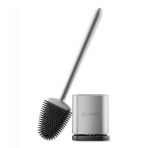 Sellemer ▫️ Escova de Sanita, Escova de Banheira em Silicone para Parede/Chão com Suporte Ventilado de Secagem Rápida, Escova de Sanita em Silicone para Limpeza Profunda do Sanita da Casa de Banho (Prateada) 4