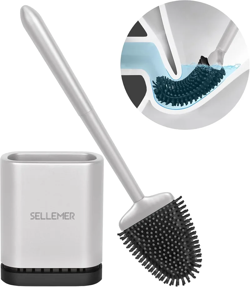 Sellemer ▫️ Escova de Sanita, Escova de Banheira em Silicone para Parede/Chão com Suporte Ventilado de Secagem Rápida, Escova de Sanita em Silicone para Limpeza Profunda do Sanita da Casa de Banho (Prateada)