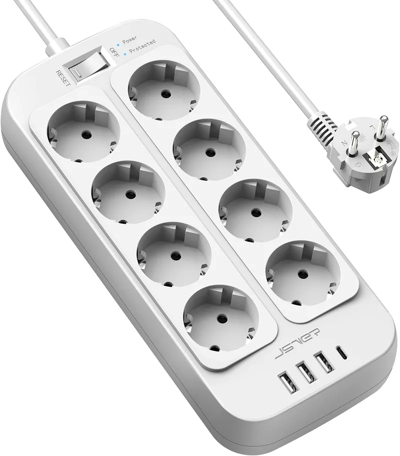 JSVER ▫️ Extensão com 4 portas USB (3 USB-A + 1 USB-C) e 8 tomadas (3680 W), proteção contra sobretensão e carregamento múltiplo para iPad, iPhone e tablets, cabo de 2 m - Branco