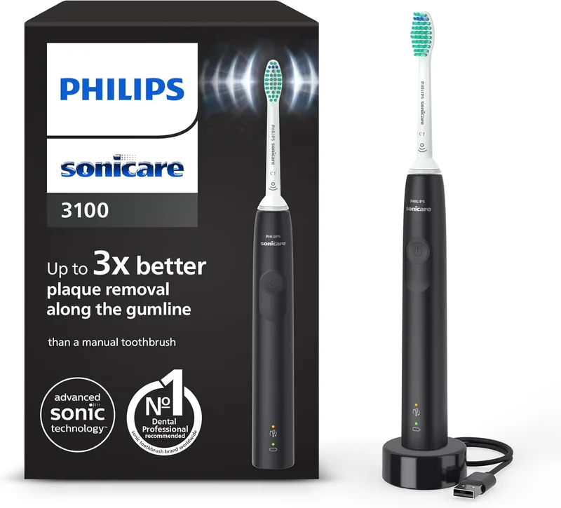 Philips ▫️ Sonicare 3100 series, Escova de dentes eléctrica, Sonic, Sensor de pressão e Temporizador, Preto, HX3671/14, Preto