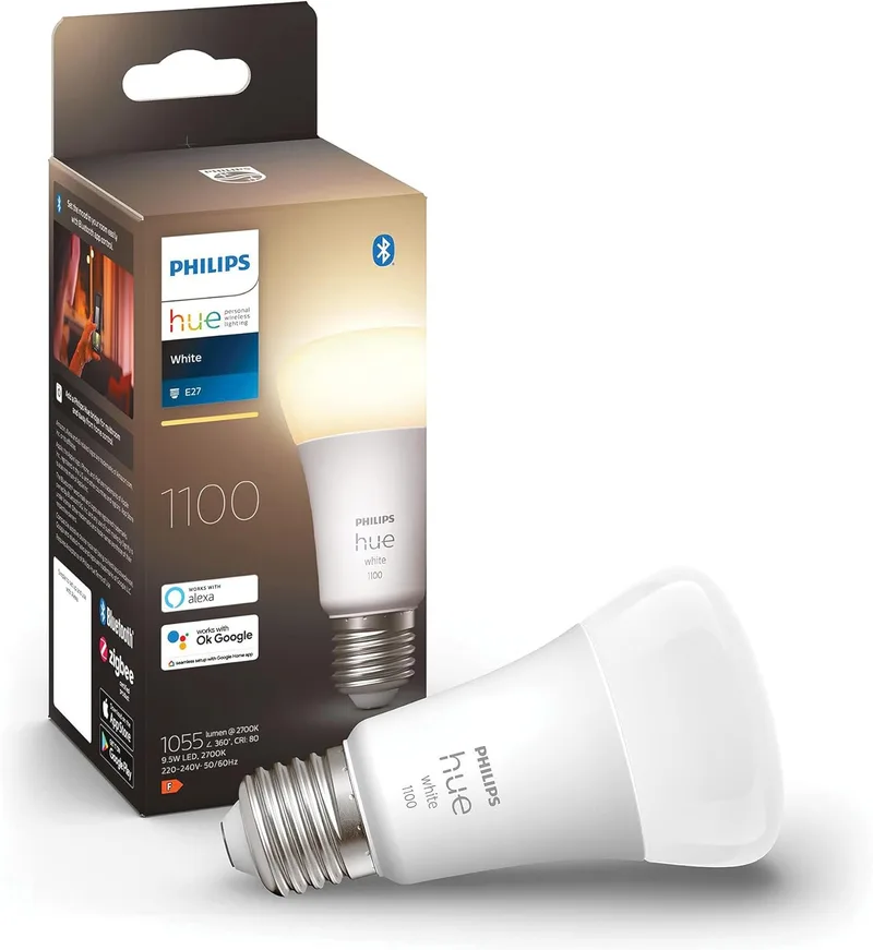 Philips Hue ▫️ Lâmpada LED White E27, 1100 lm, branco quente, regulável, controlável através de aplicação, compatível com Amazon Alexa (Echo, Echo Dot), embalagem de 1, geração antiga