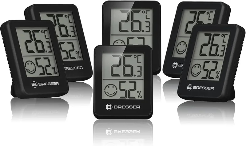 Bresser ▫️ Conjunto de 6 indicadores termohigrométricos Temeo Hygro, para colocar em pé ou fixar na parede, com indicador do clima ambiente, pretos
