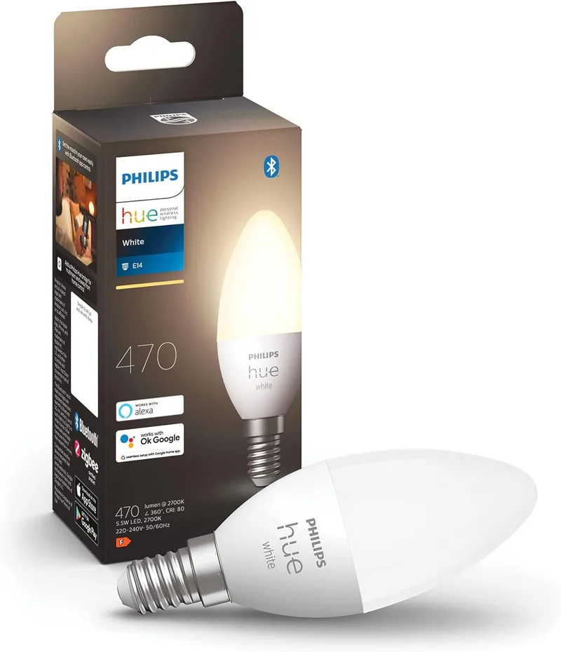 Philips Hue ▫️ Lâmpada LED inteligente, B39 E14, luz branca quente regulável, 5,5 W 470 lúmenes, compatível com Alexa e Google Home