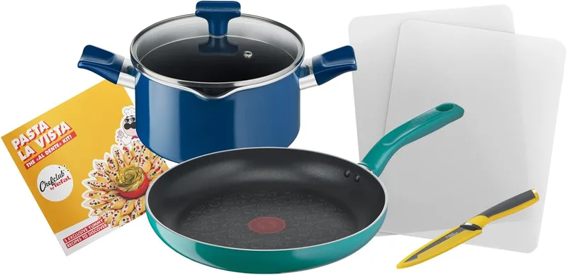 Tefal ▫️ Chefclub by - Conjunto de cozinha (28 cm, panela de 20 cm + tampa, faca de cozinha Fresh Kitchen, 2 tábuas de cortar, livro de receitas G804S404)