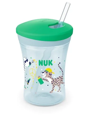 NUK ▫️ Copo Action Cup para crianças | +12 meses | Palhinha macia com mecanismo de rotação | À prova de fugas | Sem BPA | 230 ml | Leopardo (verde) | 1 unidade 4