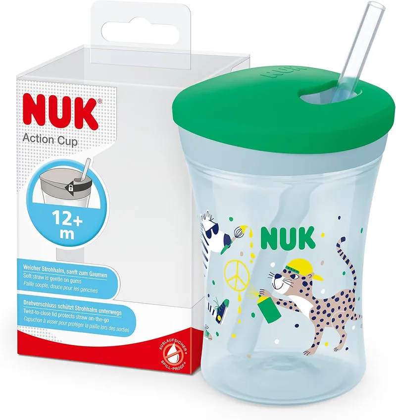 NUK ▫️ Copo Action Cup para crianças | +12 meses | Palhinha macia com mecanismo de rotação | À prova de fugas | Sem BPA | 230 ml | Leopardo (verde) | 1 unidade