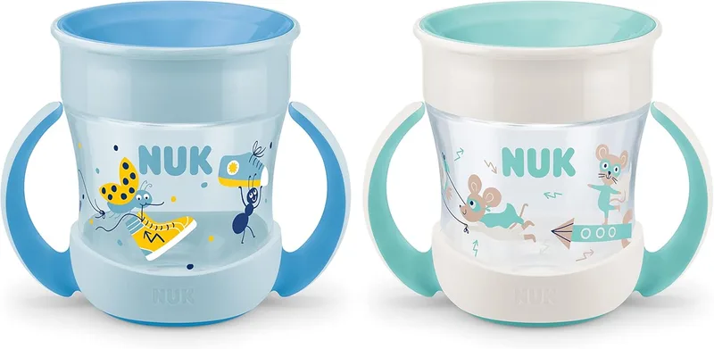 NUK ▫️ Copo com canudinho Mini Magic Cup | Borda 360° à prova de derrame | +6 meses | Pegas para agarrar facilmente | Sem BPA | 160 ml | 2 peças | Azul e turquesa