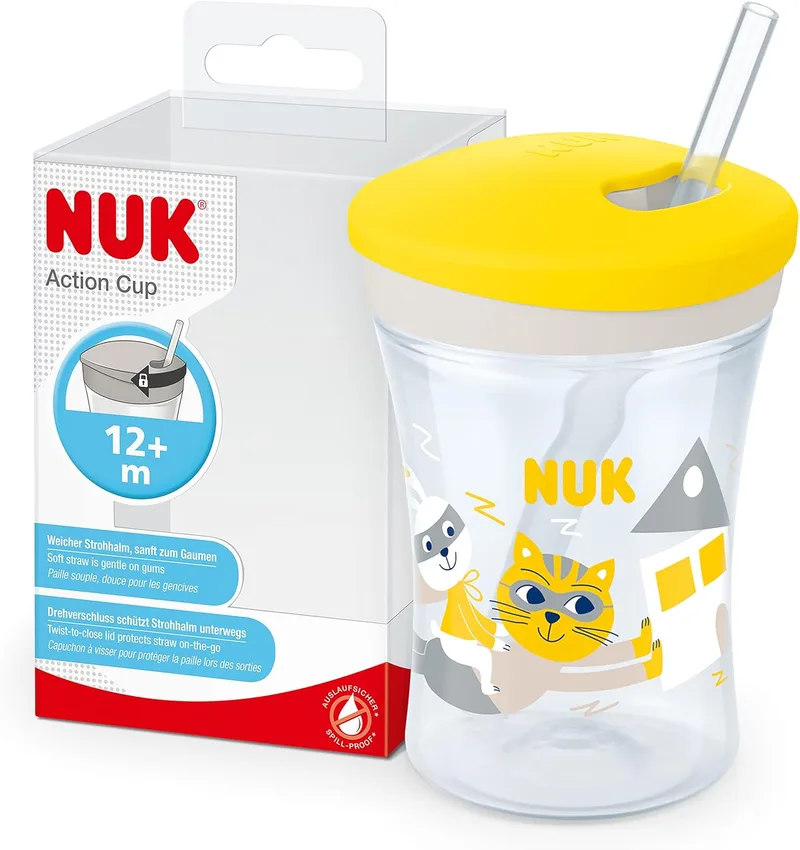 NUK ▫️ Action Cup para crianças : +12 meses : Palhinha macia de torcer : À prova de fugas : Sem BPA : 230 ml : Gato (amarelo) : 1 unid.