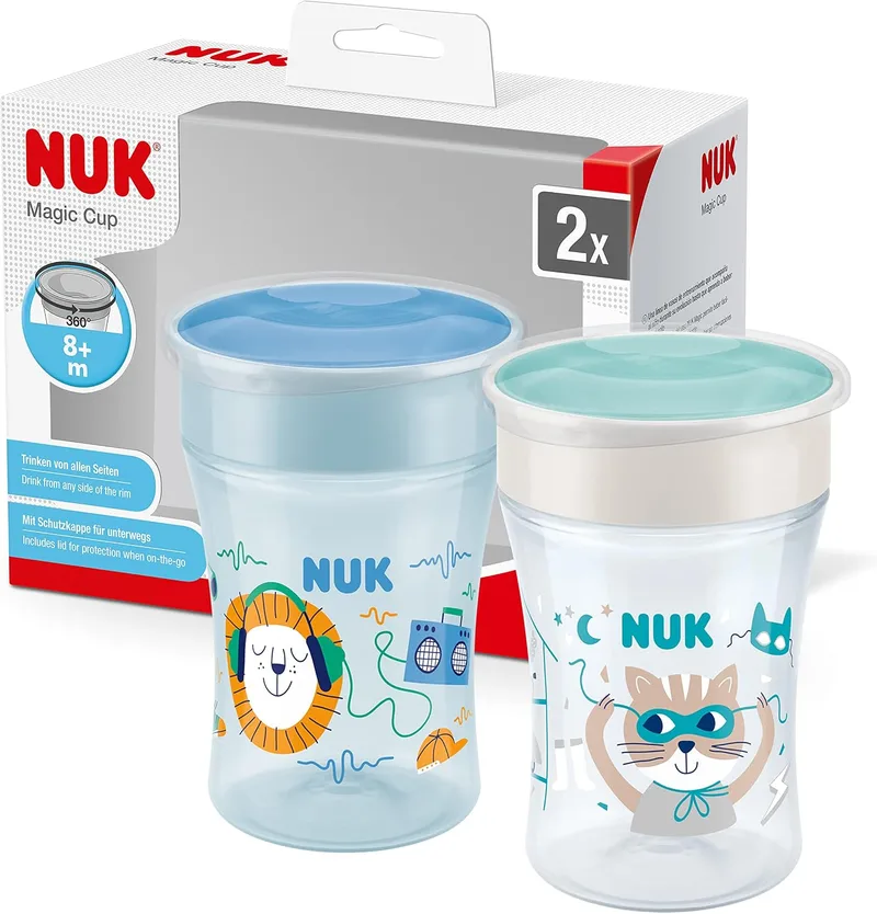 NUK ▫️ Copo de aprendizagem Magic Cup | Borda de 360° à prova de fugas | A partir dos 8 meses | Sem BPA | 230 ml | Ouriço (azul) | 2 unidades