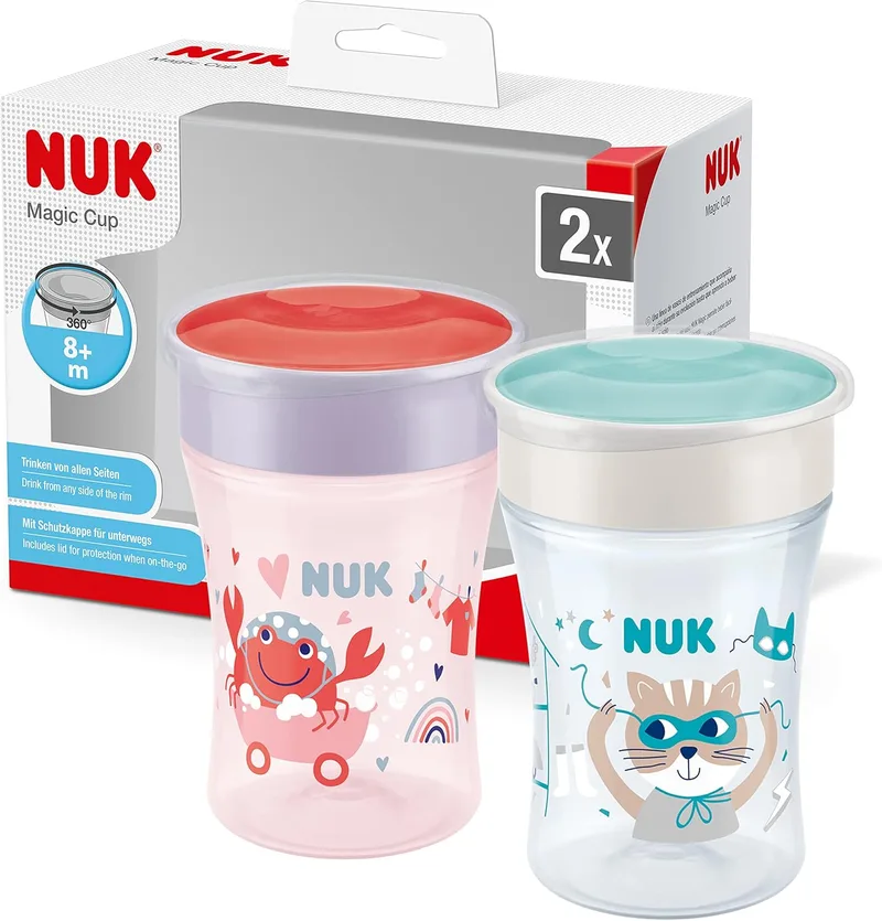 NUK ▫️ Copo para bebé à prova de derrame Magic Cup | Bordo 360° à prova de derrame | +8 meses | Sem BPA | 230 ml | Caranguejo (roxo) | 2 unid.