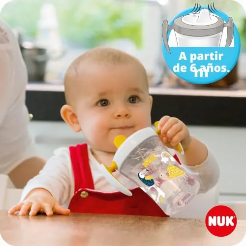 NUK ▫️ Conjunto para aprender a beber com treino, para principiantes (a partir dos 6 meses), copo mágico de 360° (a partir dos 8 meses) e caneca de ação para crianças pequenas (a partir dos 12 meses), 230 ml, sem BPA, gato amarelo 3